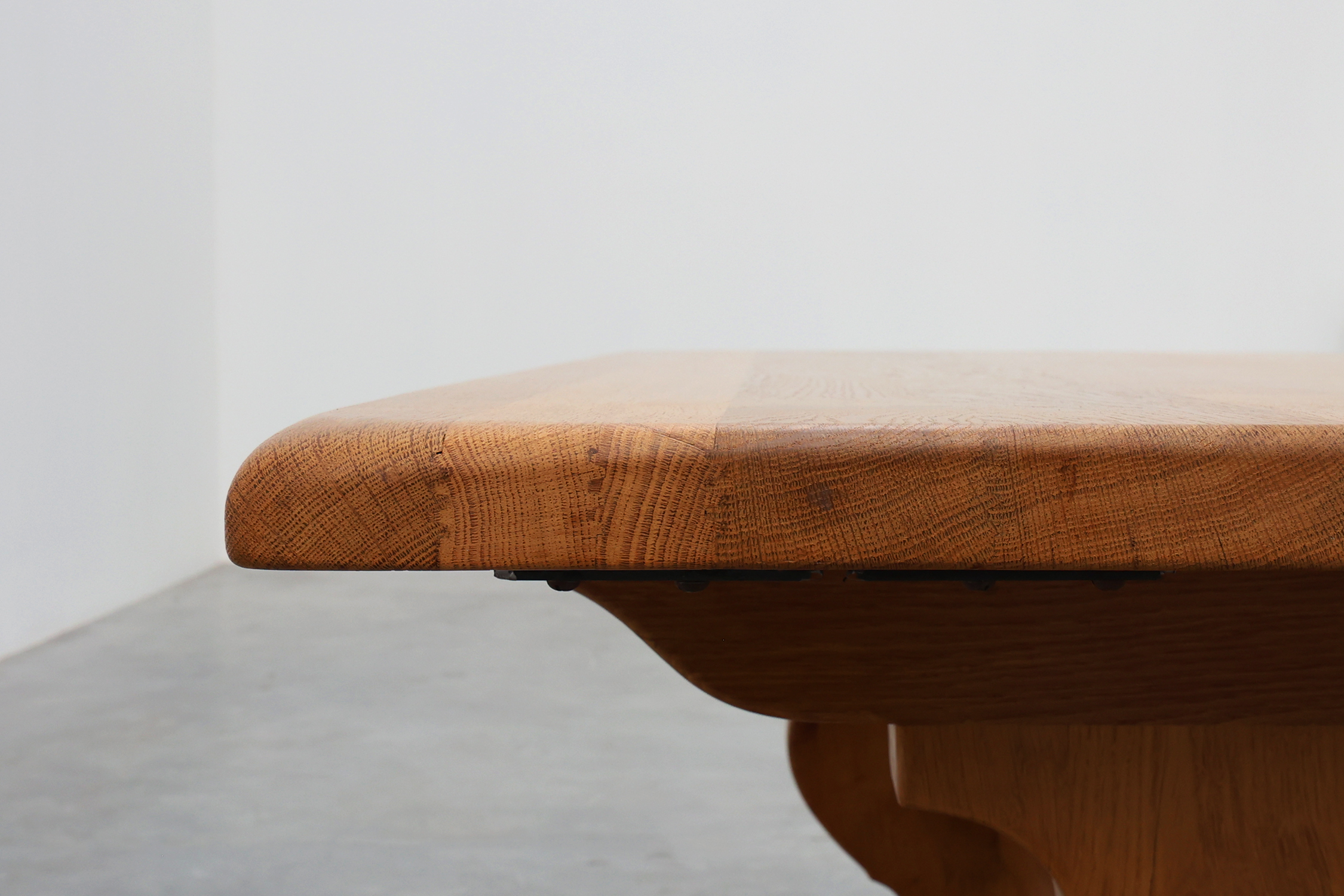 20th Century French oak trestle table with scalloped legs and plank topthumbnail